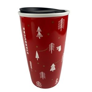 Starbucks Ceramic Holiday Red White Gnome & Trees Travel Mug Tumbler
